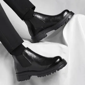 Men's Fashion Casual Autumn Winter Mid-Top Thickened Leather Chunky Heel Boots
