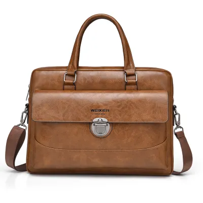 Men's Fashion Casual Retro Large Capacity Business Handbag Briefcase Bag PU 15 Inches Solid Color