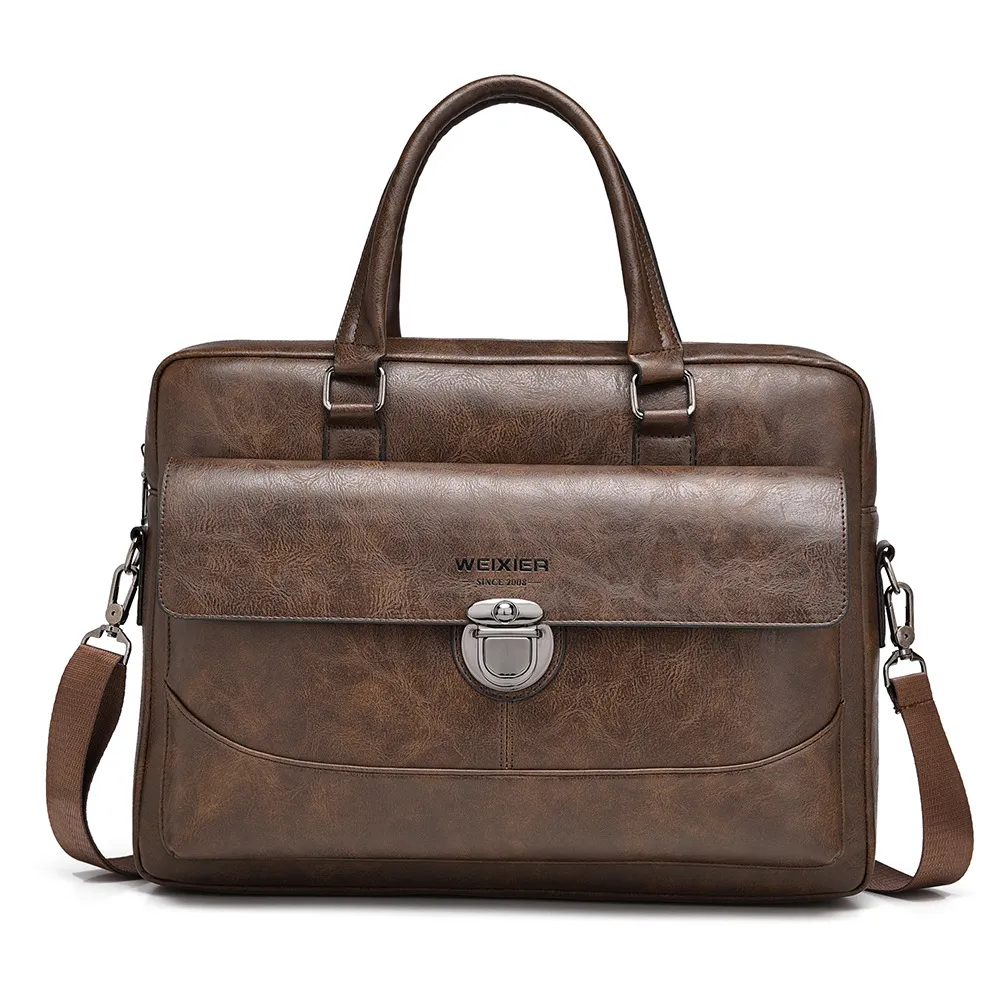 Men's Fashion Casual Retro Large Capacity Business Handbag Briefcase Bag PU 15 Inches Solid Color