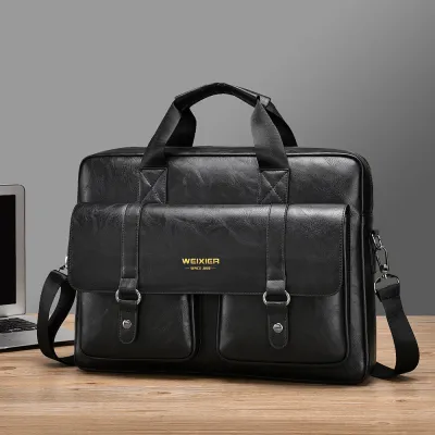Men's Fashion Casual Retro Large Capacity PU Shoulder Crossbody Handbag Business Briefcase 15 Inches