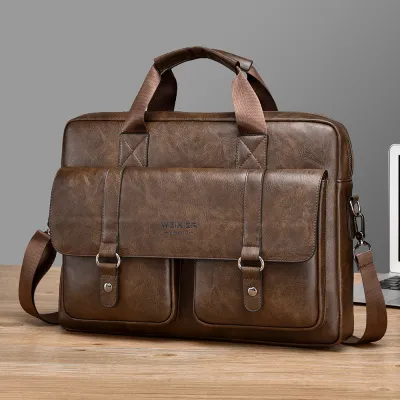 Men's Fashion Casual Retro Large Capacity PU Shoulder Crossbody Handbag Business Briefcase 15 Inches