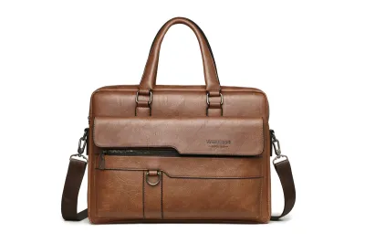 Men's Fashion Casual Retro Handbag Shoulder Business Briefcase 14 Inches PU Leather Solid Color 38x11x30cm
