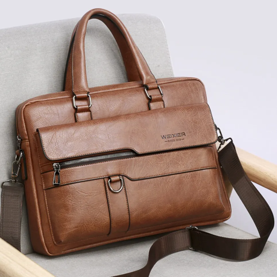 Men's Fashion Casual Retro Handbag Shoulder Business Briefcase 14 Inches PU Leather Solid Color 38x11x30cm
