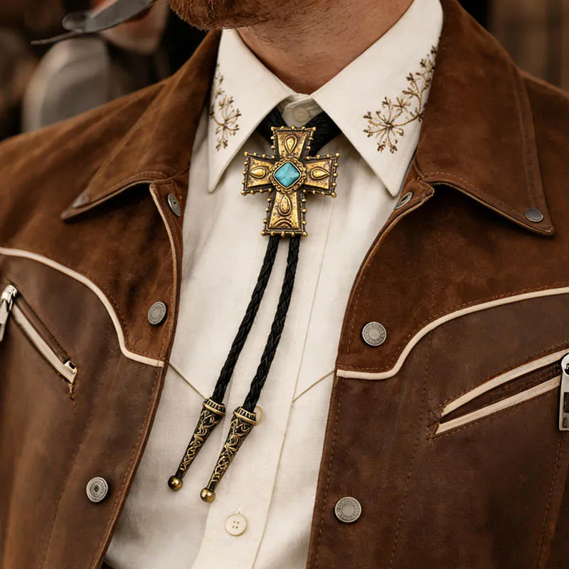 Men's Retro Leather Cross Pendant Bolo Tie Necklace