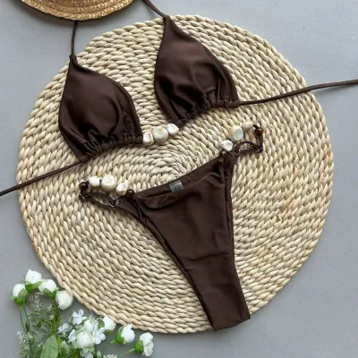 Women Fashion Sexy Solid Color Bead Decoration Halter-Neck Lace-Up Bikini Swimsuit