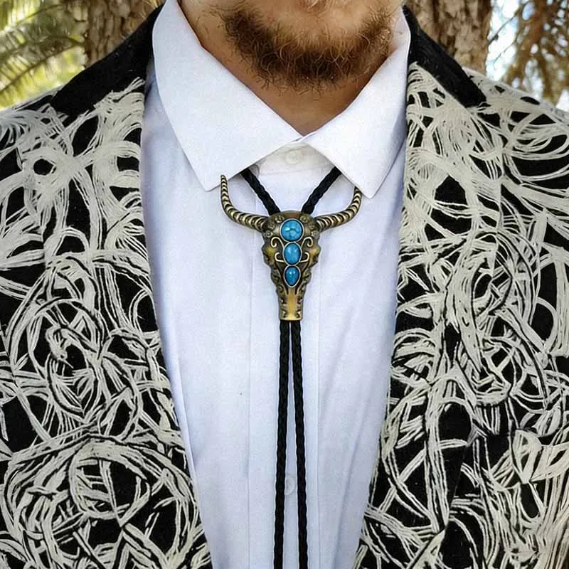 Men's Retro Long Leather Cow Head Bolo Tie Necklace