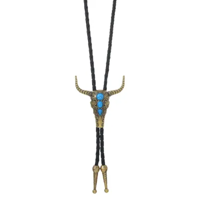 Men's Retro Long Leather Cow Head Bolo Tie Necklace