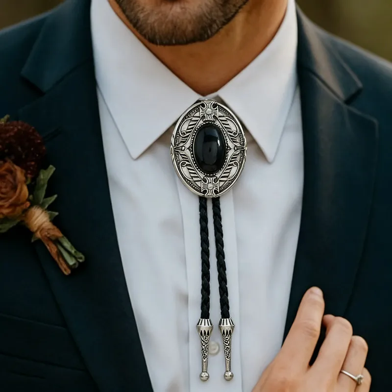 Men's Fashion Retro Leather Acrylic Black Gemstone Long Bolo Tie Necklace