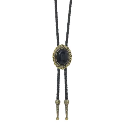 Men's Fashion Retro Leather Acrylic Black Gemstone Long Bolo Tie Necklace