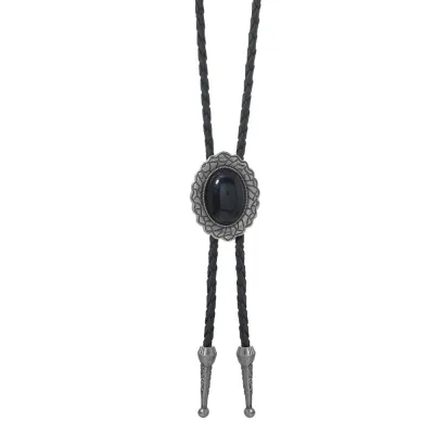 Men's Fashion Retro Leather Acrylic Black Gemstone Long Bolo Tie Necklace