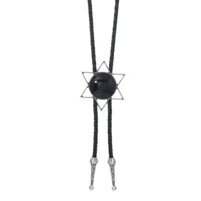 Men's Fashion Retro Leather Acrylic Black Gemstone Long Bolo Tie Necklace