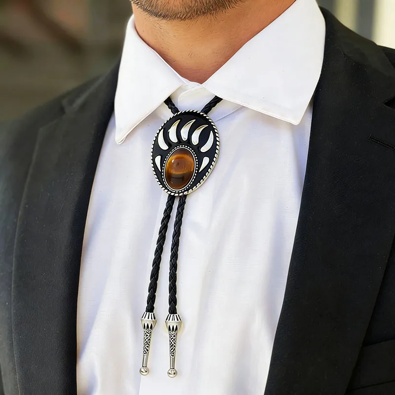 Men Fashion Retro Bear Paw Gem Carved Pendant Bolo Tie Necklace