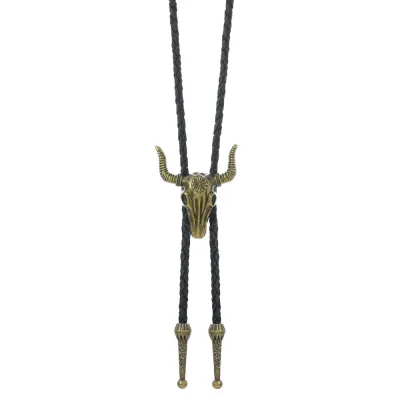 Men's Fashion Retro Leather Alloy Bull Head Pendant Bolo Tie Necklace
