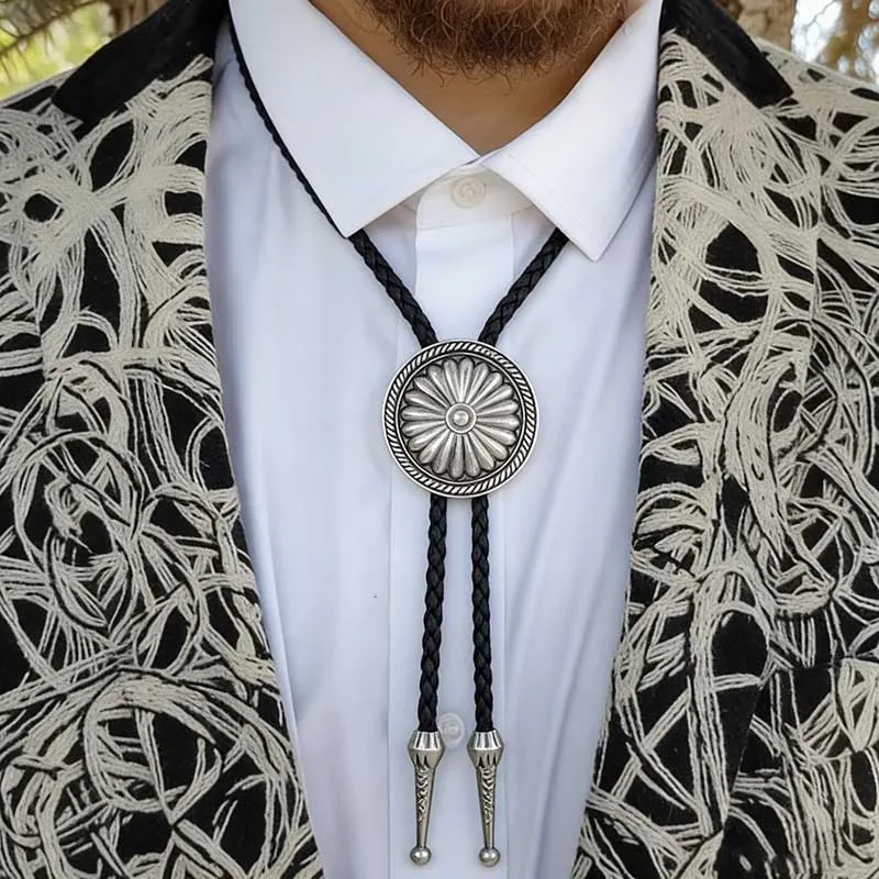 Men's Retro Western Bolo Tie Pendant Necklace with Leather Cord
