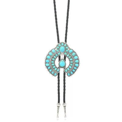 Men Fashion Retro Western Turquoise Long Y-Shaped Bolo Tie Necklace