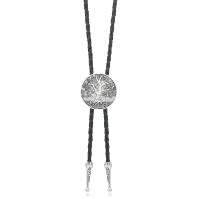 Men Fashion Retro Ancient Tree Of Life Pattern Round Alloy Pendant Bolo Tie Necklace