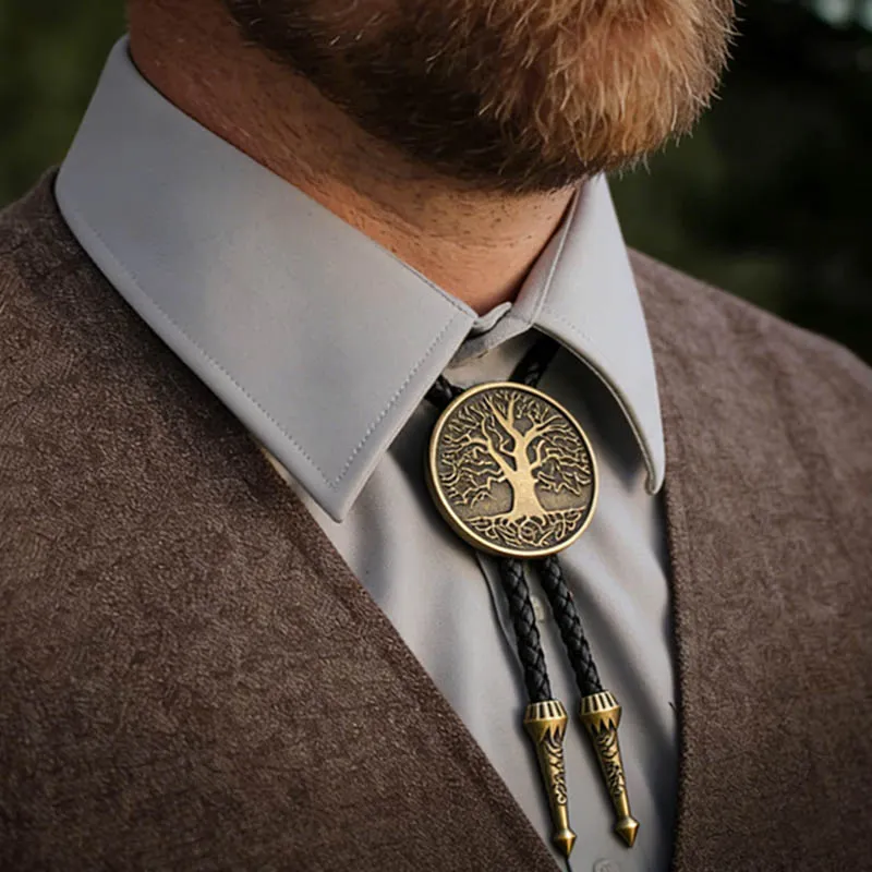 Men Fashion Retro Ancient Tree Of Life Pattern Round Alloy Pendant Bolo Tie Necklace