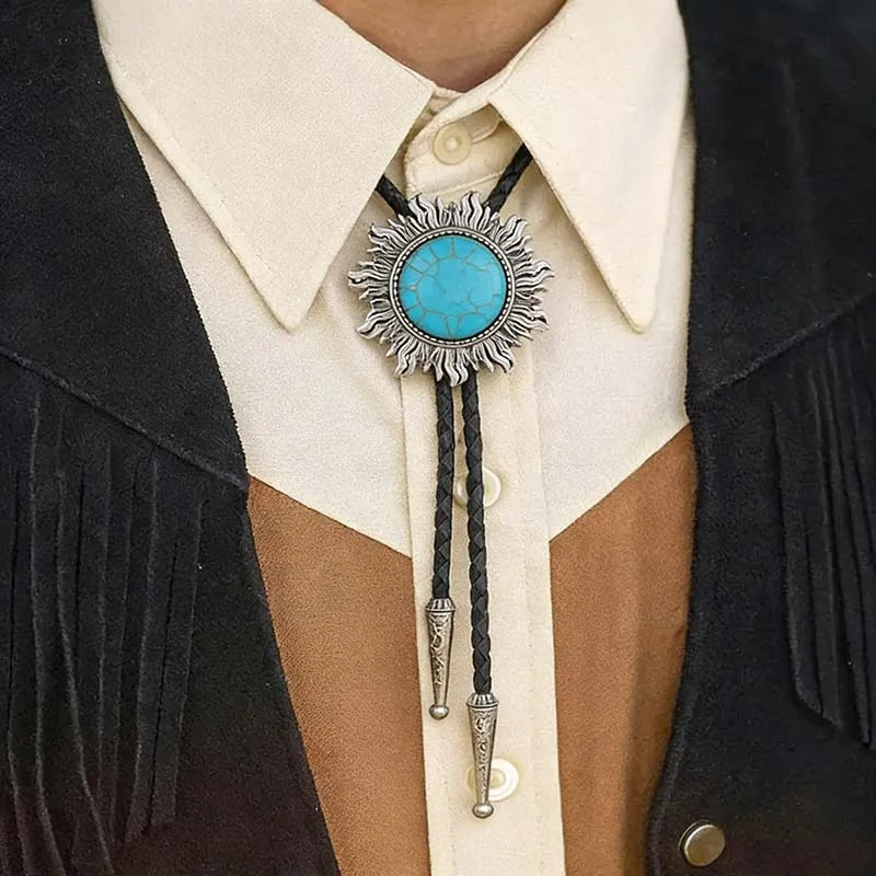 Men's Fashion Retro Inlaid Turquoise Wax Rope Embossed Pendant Bolo Tie Necklace