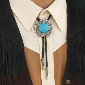 Men's Fashion Retro Inlaid Turquoise Wax Rope Embossed Pendant Bolo Tie Necklace