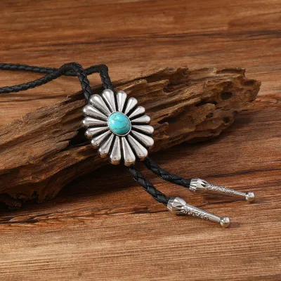 Men's Fashion Retro Inlaid Turquoise Wax Rope Embossed Pendant Bolo Tie Necklace