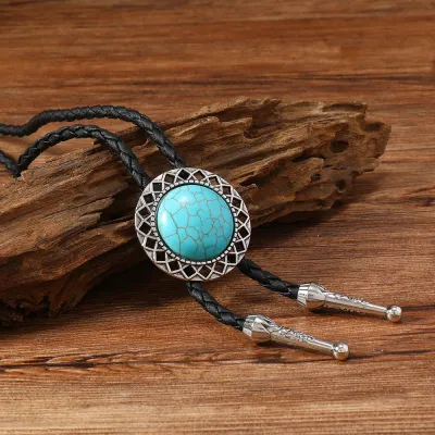 Men's Fashion Retro Inlaid Turquoise Wax Rope Embossed Pendant Bolo Tie Necklace