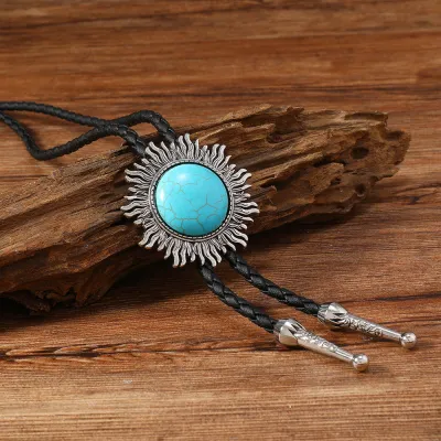 Men's Fashion Retro Inlaid Turquoise Wax Rope Embossed Pendant Bolo Tie Necklace