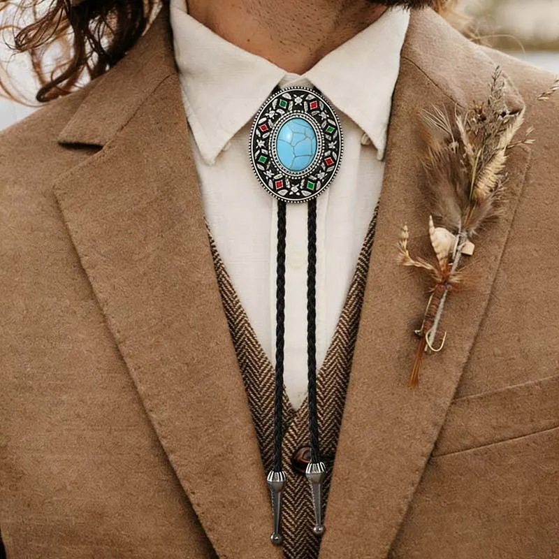 Men's Retro Leather Bolo Tie Necklace With Colored Turquoise Inlay