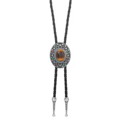 Men's Retro Leather Bolo Tie Necklace With Colored Turquoise Inlay