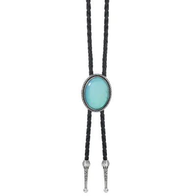 Men's Fashion Casual Retro Ethnic Leather Obsidian Pendant Woven Bolo Tie Necklace