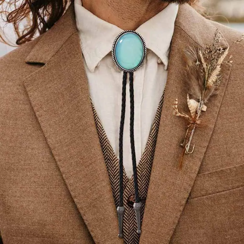 Men's Fashion Casual Retro Ethnic Leather Obsidian Pendant Woven Bolo Tie Necklace