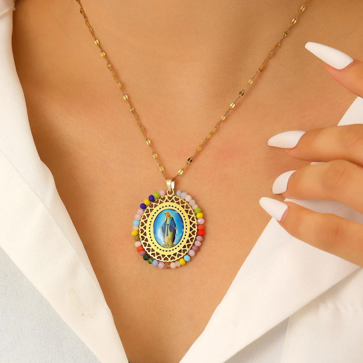 Women Fashion Multicolor Crystal Madonna Pendant Necklace Stainless Steel