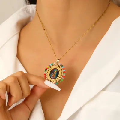 Women Fashion Multicolor Crystal Madonna Pendant Necklace Stainless Steel