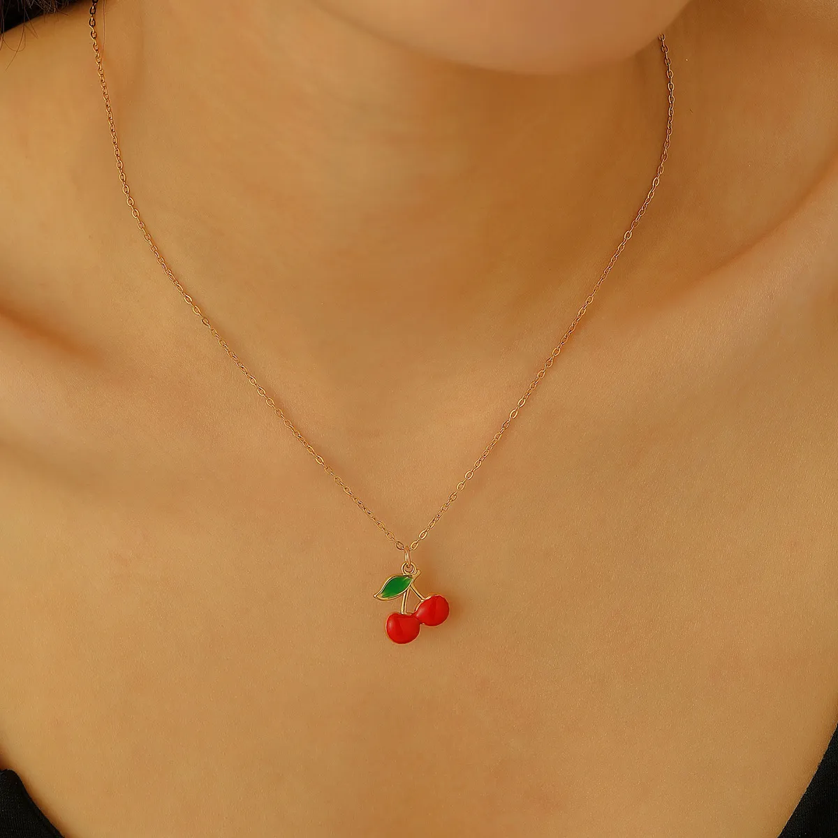 Women Fashion Cute Oil Drop Cherry Pendant Stainless Steel Necklace Geometry O-Chain