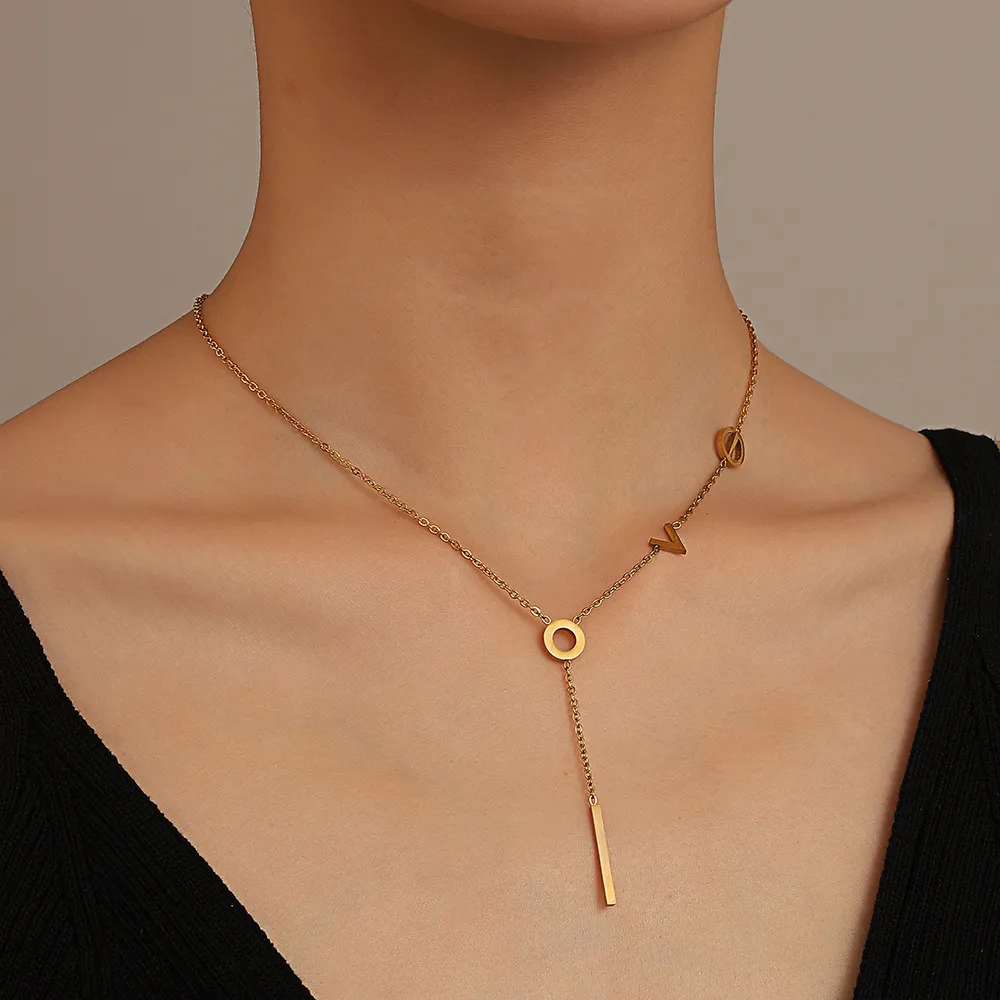 Women Simple Love Letter Pendant Necklace Stainless Steel