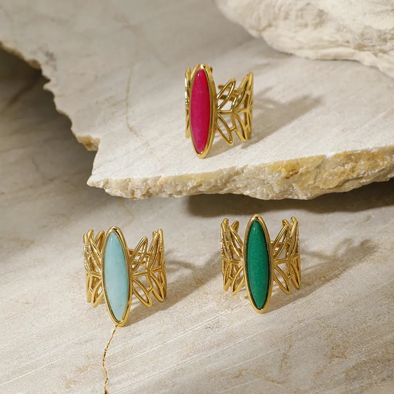 Women Fashion Retro Natural Stone 304 Stainless Steel Open Ring