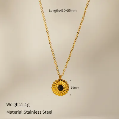 Women Retro 304 Stainless Steel Sunflower Natural Stone Pendant Necklace
