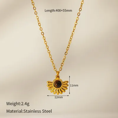 Women Retro 304 Stainless Steel Sunflower Natural Stone Pendant Necklace
