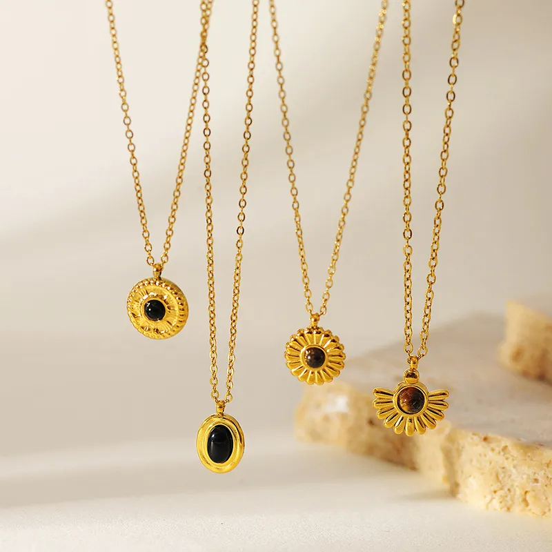 Women Retro 304 Stainless Steel Sunflower Natural Stone Pendant Necklace