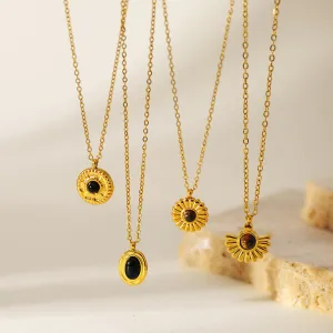 Women Retro 304 Stainless Steel Sunflower Natural Stone Pendant Necklace