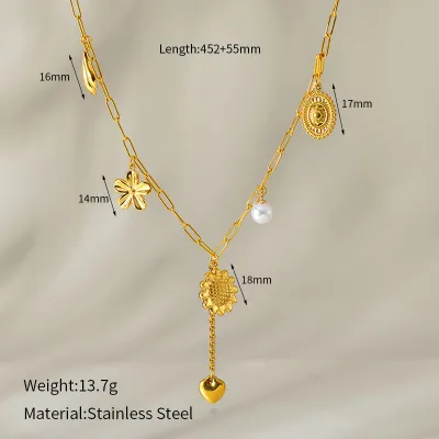 Women's 304 Stainless Steel Love Floral Tassel Cuban Chain Pendant Necklace