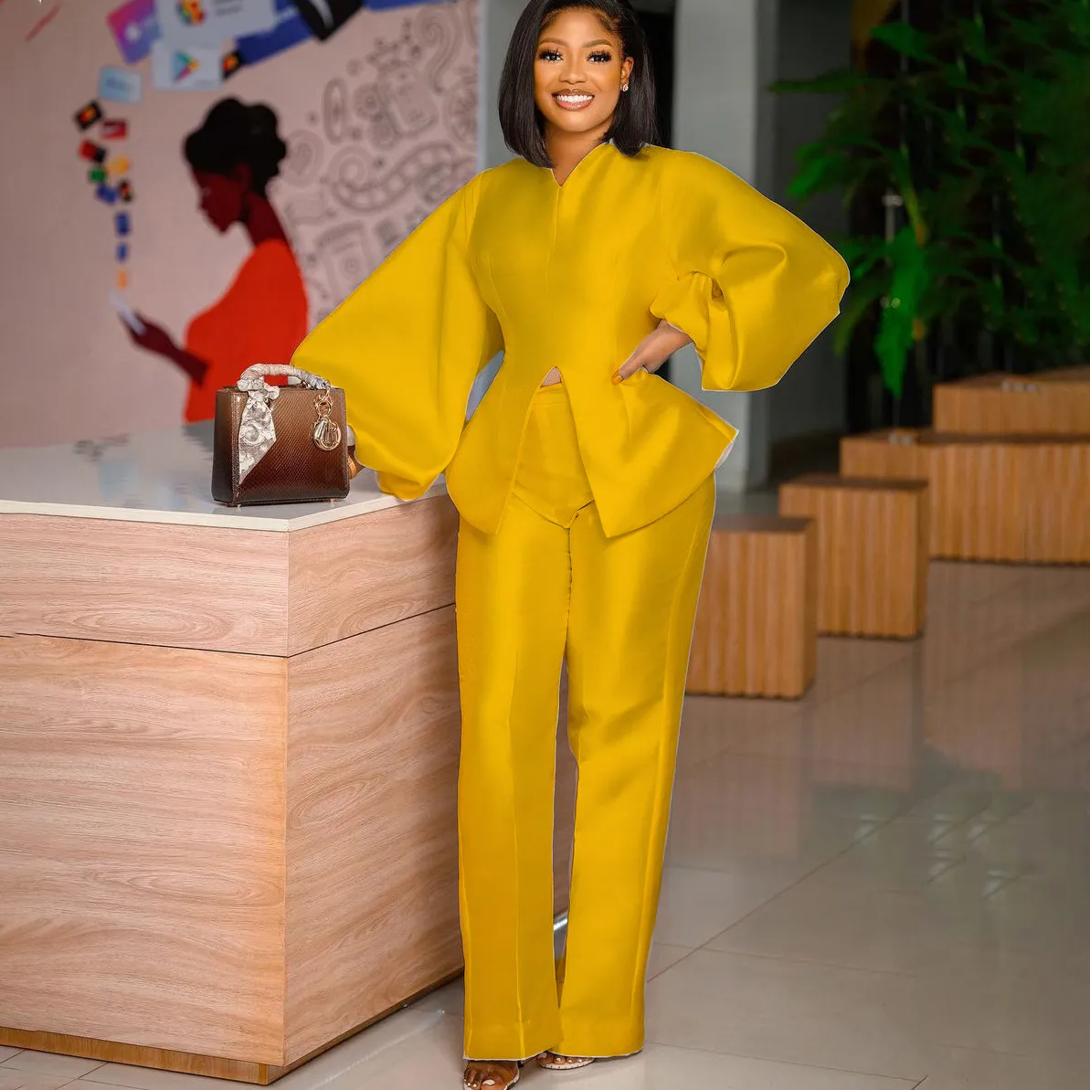 Women Fashion Elegant Solid Color Long Puff Sleeve Split Blouse Slim-Fit Pants Two-Piece Set