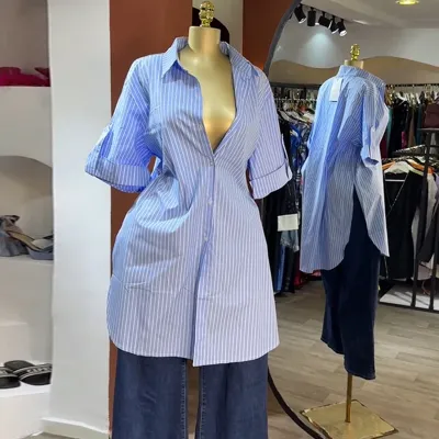 Women Fashion Casual Stripe Lapel Short Sleeve Single-Breasted Blouse