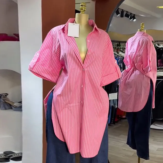 Women Fashion Casual Stripe Lapel Short Sleeve Single-Breasted Blouse