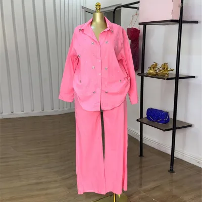Women Fashion Casual Solid Color Bead Decoration Lape Long-Sleeve Blouse High Waist Straight Pants Two-Piece Set