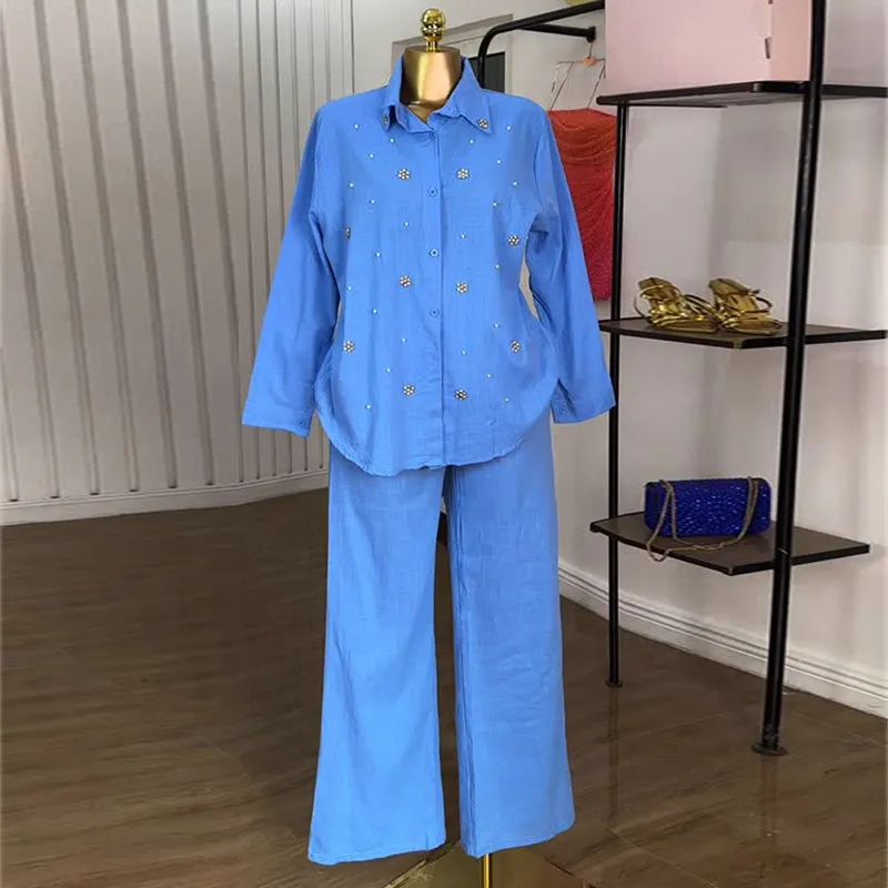 Women Fashion Casual Solid Color Bead Decoration Lape Long-Sleeve Blouse High Waist Straight Pants Two-Piece Set
