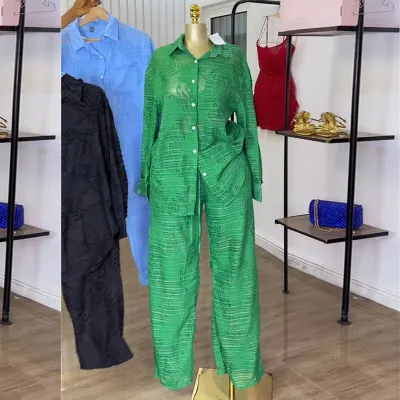 Women Fashion Casual Solid Color Lapel Pocket Long Sleeve Blouse High Waist Straight Pants Two-Piece Set