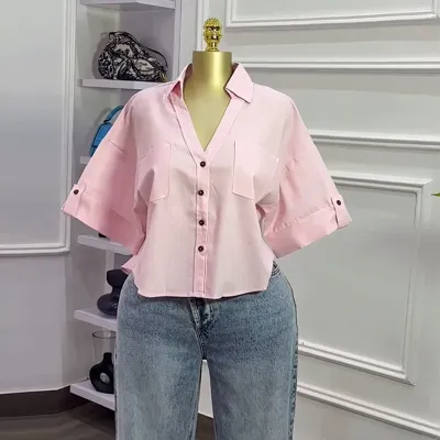 Women Fashion Casual Solid Color Lapel Short-Sleeve Blouse