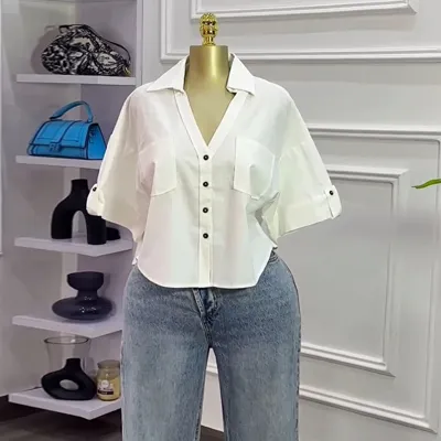 Women Fashion Casual Solid Color Lapel Short-Sleeve Blouse