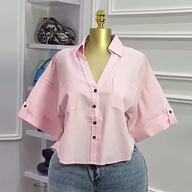Women Fashion Casual Solid Color Lapel Short-Sleeve Blouse