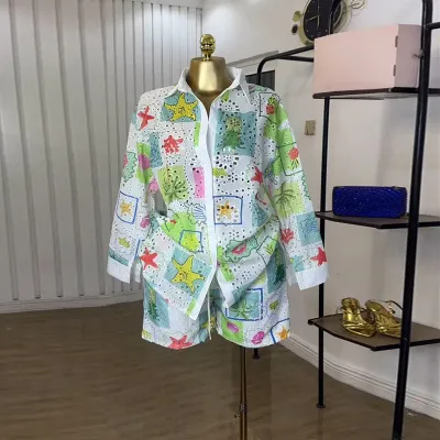 Women Fashion Casual Print Hollow Lapel Long Sleeve Blouse Loose Shorts Two-Piece Set
